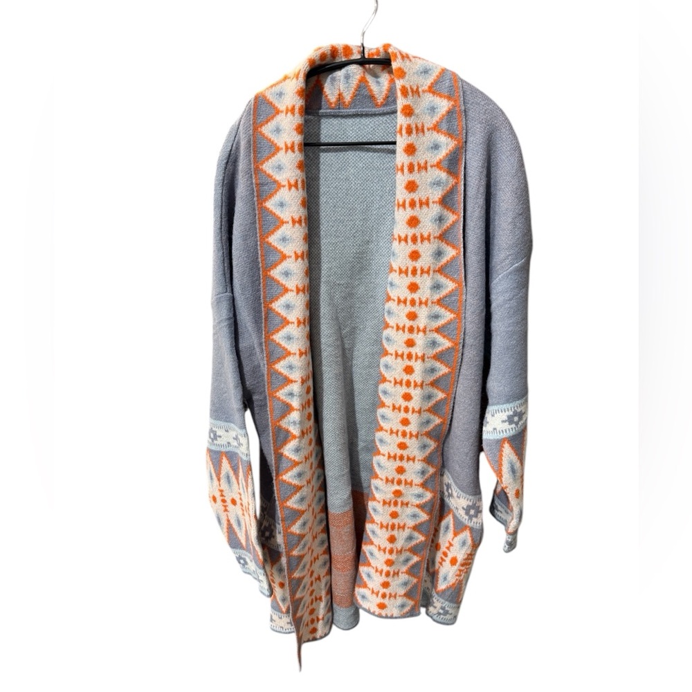 Geometric Patterned Light Blue & Orange Women’s Sweater 2XL